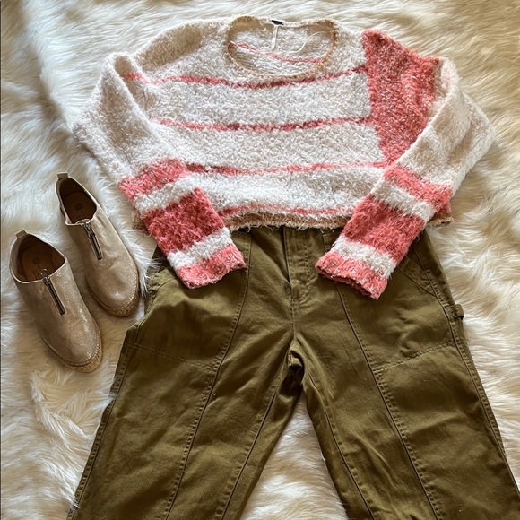 Free People Fuzzy Striped Crop Sweater - Cream and Tan - Picture 1 of 3